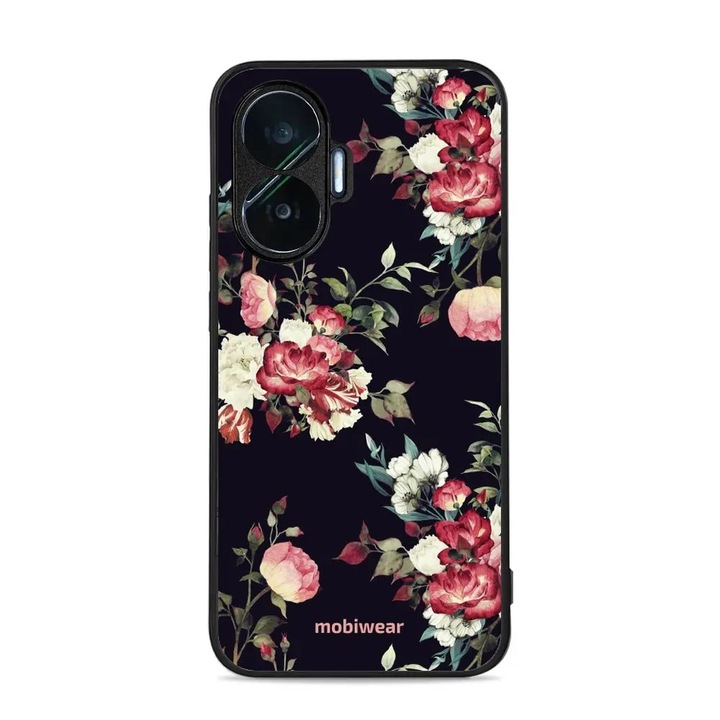 Husa telefon Mobiwear Glossy pentru Xiaomi Poco F7, design flori pe fundal negru, rezistent la socuri si zgarieturi, material plastic, multicolor