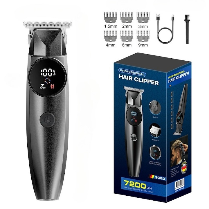 Masina de tuns pentru barbati LimeFofen Model 9023, pentru tuns si barbierit, design fara fir, motor 7200 RPM, incarcare rapida, neagra, afisaj digital al puterii, comutator central