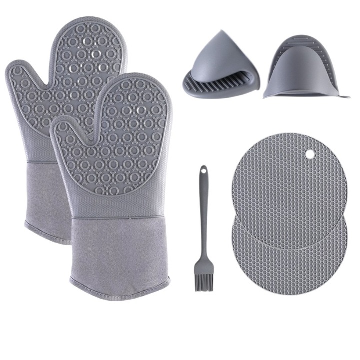 Manusi rezistente la caldura din silicon gri lime Fofen, manere, set de copt, set de ustensile de bucatarie multifunctional pentru gatit convenabil