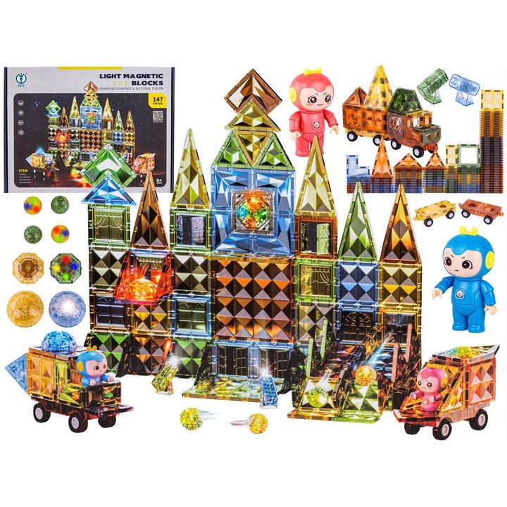 Set de constructie BEMI, 147 elemente, blocuri magnetice colorate, cu figurine si elemente luminoase, 6,5x6,5cm