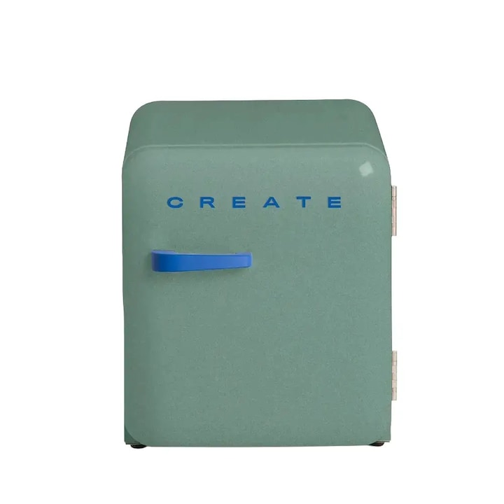 Минибар хладилник Retro CREATE, вместимост 48 литра, В 50 см, идеален за офис/хотел/каравана, регулируема температура, 1 стоманен рафт, 2 отделения на вратата, ергономична дръжка, компактен дизайн, регулируеми крачета, синя дръжка, градински чай
