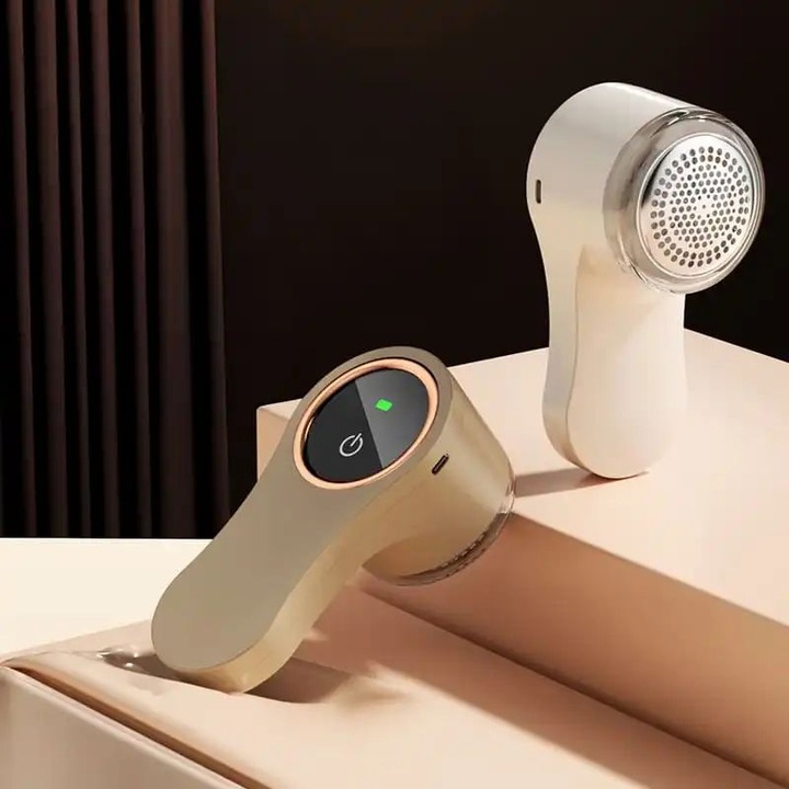 Aparat de curatat scame, cu afisaj digital LED, 2 lame, portabil alb si bej