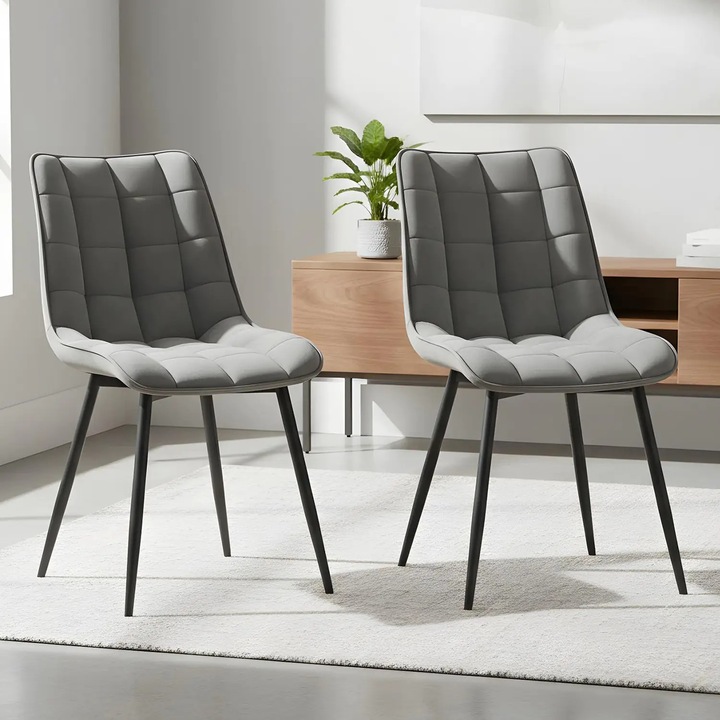 Комплект 2 Стола Elindor® Ергономични, Съвременен Дизайн, Стол с Облегалка и без Подлакътници, от Кадифе с Черни Метални Крака, Подходящи за Всекидневна, Кухня, Офис, Спалня, Ширина на Седалката 46 см, 85.5 x 45 x 42 см, Светлосив