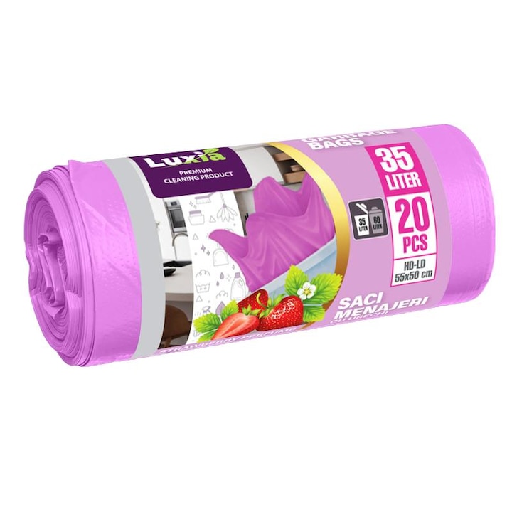 Saci menajeri Luxia, set 20 buc, 35L, roz, cu parfum capsuni