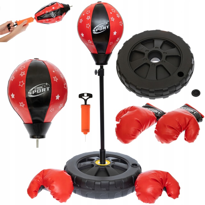 Set de box pentru copii, Bajkowy Kuferek, inaltime reglabila 71-102 cm, material sintetic, manusi incluse, rosu/negru