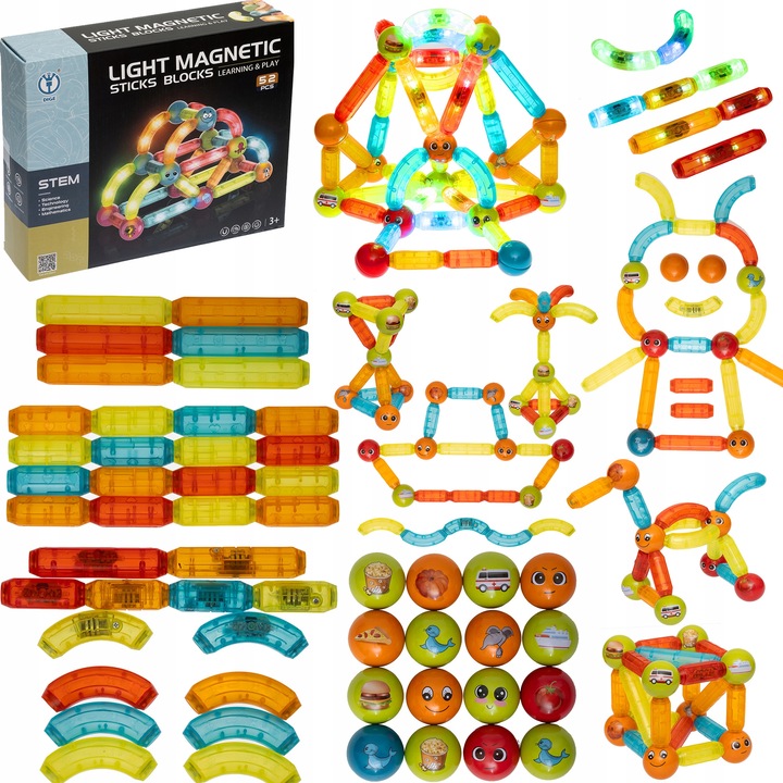 Set de constructie, magnetic, 52 elemente, Doris, multicolor, stimuleaza creativitatea, include elemente luminoase