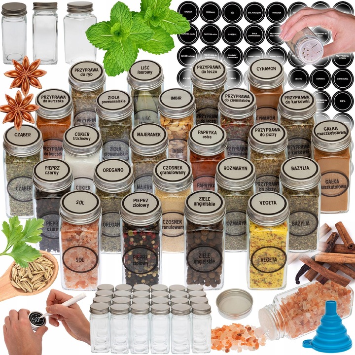 Set 24 borcane condimente 120 ml, Bajkowy Kuferek, etichete autoadezive, capac din inox