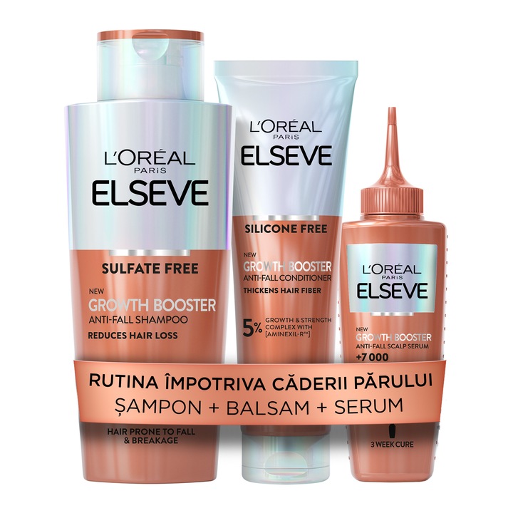Set de ingrijire avansata impotriva caderii parului L'Oreal Paris Elseve Growth Booster: Sampon, 200 ml + Balsam, 150 ml + Serum pentru scalp, 102 ml
