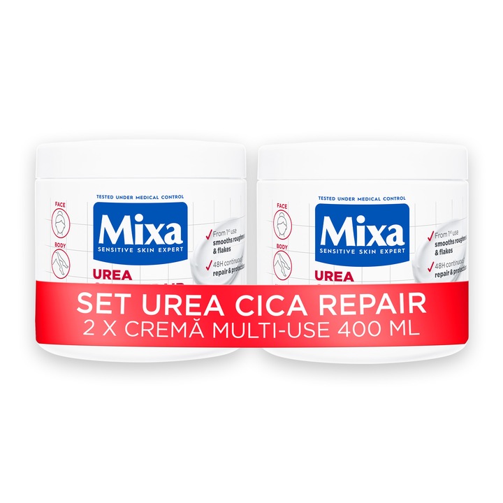 Set ingrijire ten si corp Mixa: 2 x Crema regeneratoare pentru fata si corp Mixa Urea Cica Repair cu 10% Uree si Niacinamida, piele uscata, descuamata, cu denivelari, 400 ml