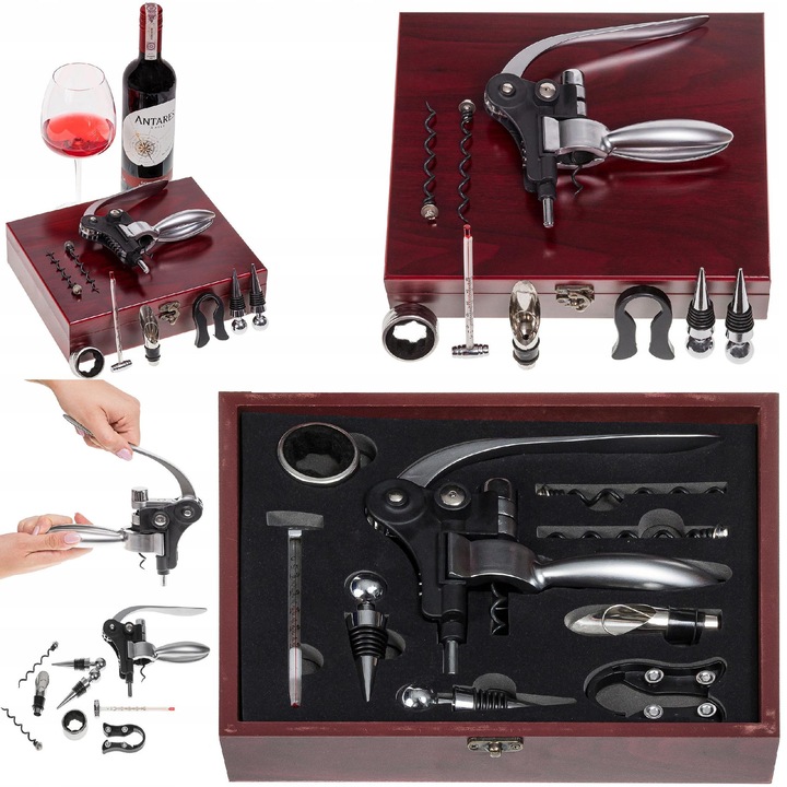 Set de accesorii pentru vin, BK, cu deschizator de sticle, taietor de folie, termometru, 2 zavoare, valiza eleganta, 25x28x6,5cm