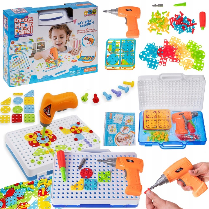 Set de constructie mozaic cu suruburi si surubelnita, Bajkowy Kuferek, 151 elemente, multicolor, 31x25x7,8cm