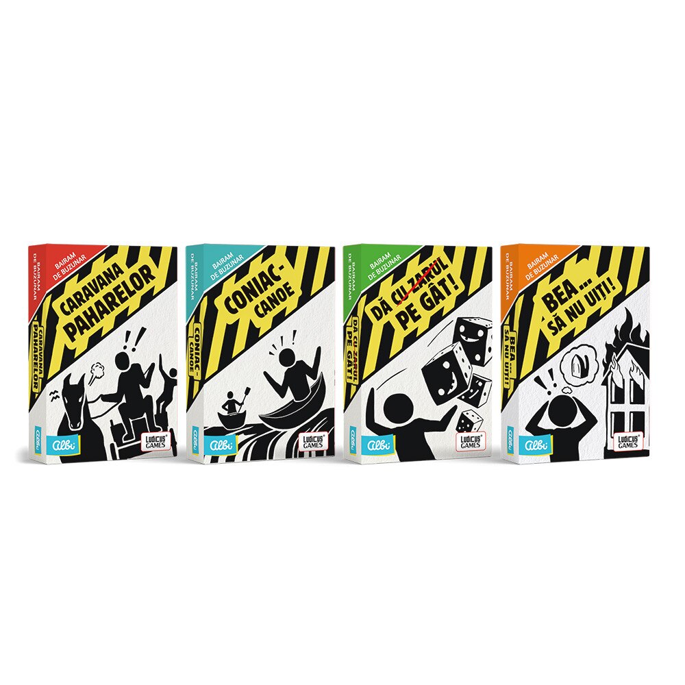 Pachet jocuri de petrecere pentru adulti: Coniac Canoe + Caravana paharelor + Bea sa nu uiti + Da (cu zarul) pe gat!, lb. romana, 18+ ani
