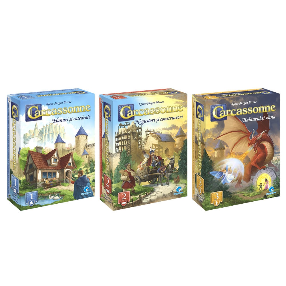 Pachet Carcassonne: Extensia 1: Hanuri si catedrale, Extensia 2: Negustori si constructori, Extensia 3 - Printesa si dragonul, lb. romana, 7+ ani