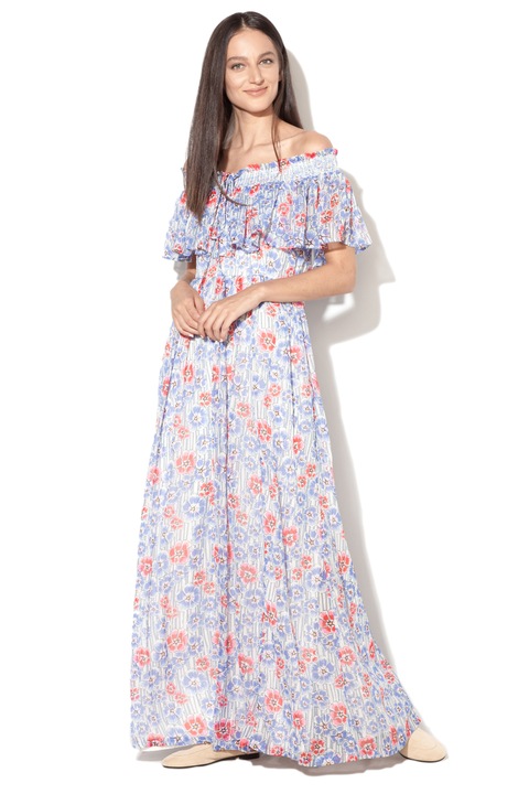 Pepe Jeans London, Rochie cu decolteu pe umeri si model floral, Multicolor, M