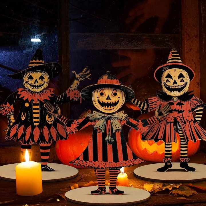 Set 3 piese decoratiuni de masa vintage Halloween, dovleac si fantoma din lemn, portocalie si neagra