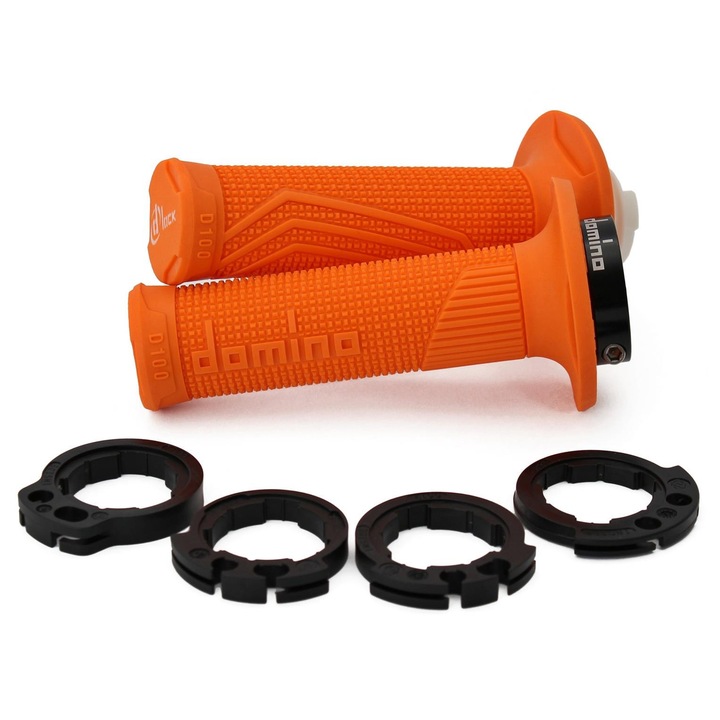 Manete DOMINO D-LOCK off road, portocalii, cu adaptoare pentru KTM, HUSQVARNA, GASGAS, HONDA, KAWASAKI, SUZUKI, YAMAHA