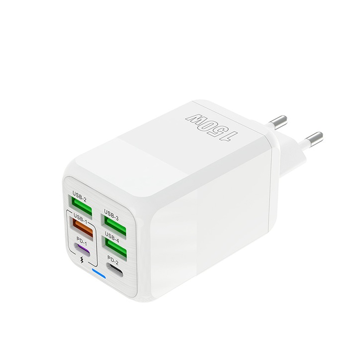 Incarcator Universal 150W Alb - Standard UE - Statie de Incarcare Multi-Port 6-in-1 cu 4 Porturi USB + 2 Porturi PD, Incarcator Rapid 5V/3A pentru Telefon, Tableta, Laptop