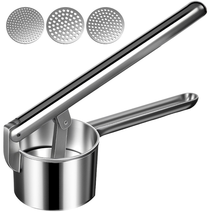 Кухненски уред 3-в-1, издръжлив, ръчна преса за картофи от алуминий с 3 сменяеми диска от стомана 430 за диня и картофи