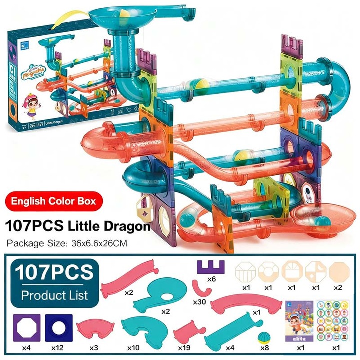 Конструктор, магнитен, топка, 107 части магнитна писта с драконова тематика, STEM образователна играчка за момчета и момичета, 990г
