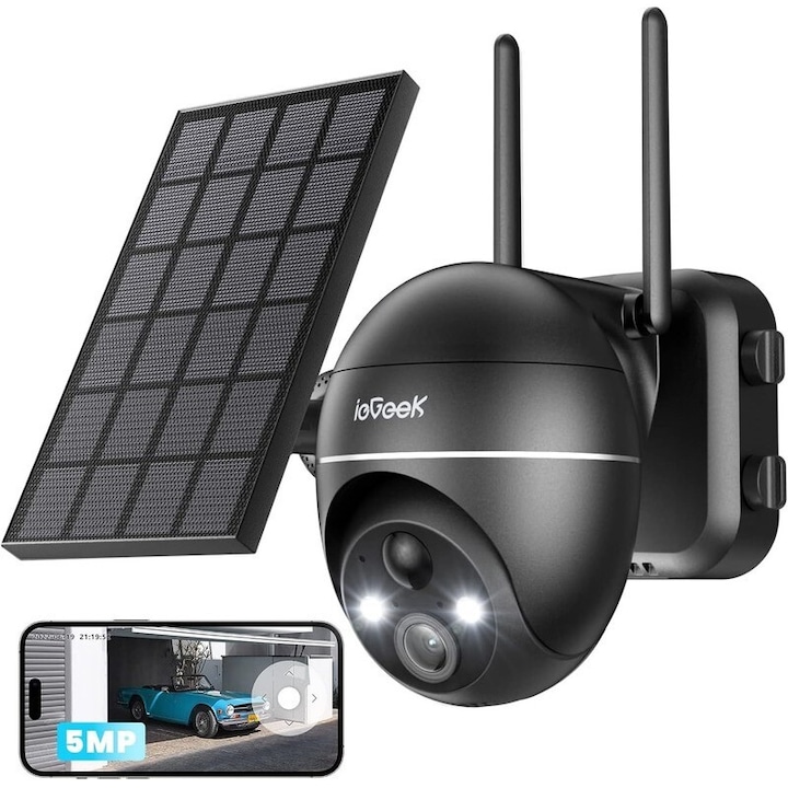 Камера за наблюдение ieGeek със соларен панел, 355° PTZ WIFI връзка, 5MP, 3W соларен панел, нощно виждане, цветно, двупосочна комуникация, интелигентни сензори за движение, известия в реално време, IP65, черна