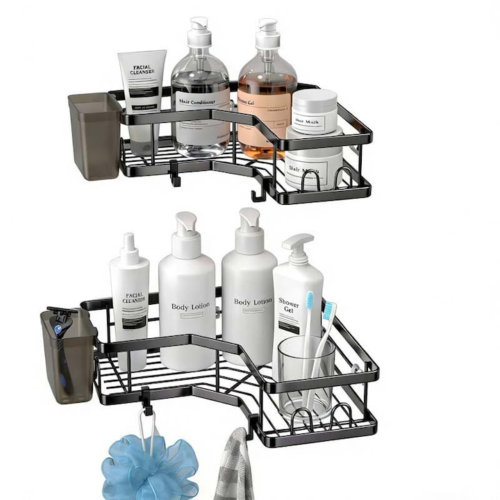 Комплект от 2 рафта за баня без пробиване - Ъглов органайзер за душ, Държач за четки за зъби и Рафт за тоалетна с мощно лепило