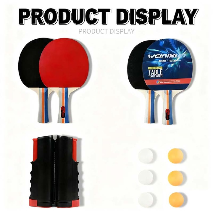 Комплект Ракети за Тенис на Маса - 4 Хилки и 6 Топки с Прибираща се Мрежа, Преносим Всичко-в-едно Комплект за Игри на Закрито и Открито (Черен)