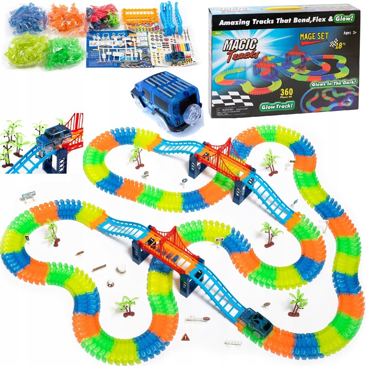 Set Circuit auto 360 elemente, Masina LED, multicolor, lungime 450cm, dimensiuni masina 8,5x4,5x4,5cm