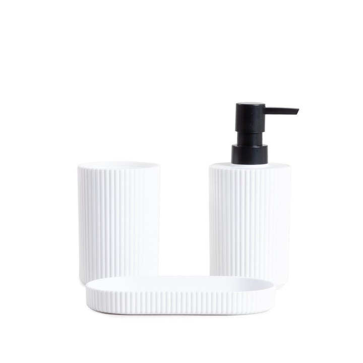 Set suporturi, accesorii de baie, dozator, savoniera, cana, LEON, alb