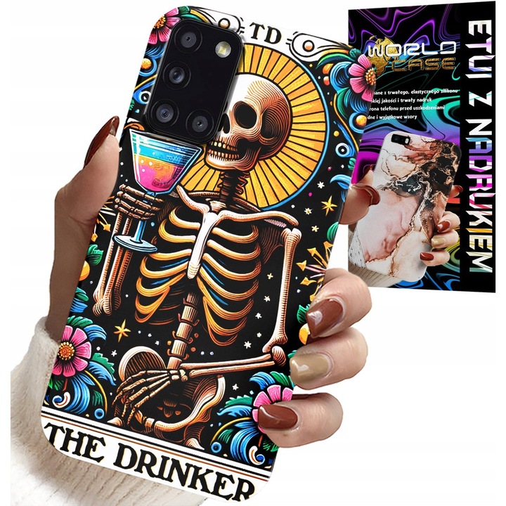 Tok Samsung Galaxy A31-hez, World Case, szilikon, teljes színes nyomtatás, The Drinker Al Wine modell, többszínű