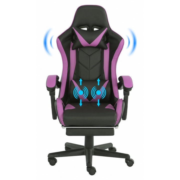 Scaun Gaming Premium TOPSCAUNE®, Masaj In Perna Lombara Cu Cablu USB, Suport Picioare Retractabil, Functie Recliner 90–135°, Tapiterie Din Piele Ecologica Rezistenta, Perne Reglabile, Reglaj Pe Inaltime, Rotire 360°, Design Sport Ergonomic, Negru/Mov