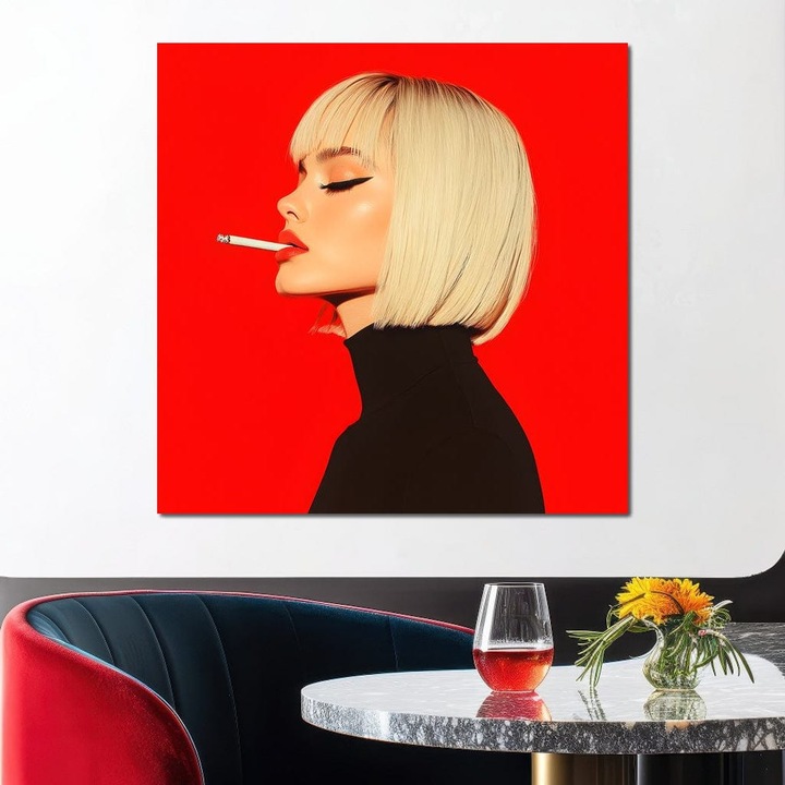 Картина LuxCanva G1217, Femme Fatale, 100 X 100 CM, 100% Памучно Платно 400гр/м2, Рамка, Дърво, Отношение, Червено, Цигара, Бунтарка, Съблазън, Дим, Емблематично, Огън, Независимост, Лице, Бунт, Страст, Тайна, Блондинка, Салон, Офис, Дневна, Спалня