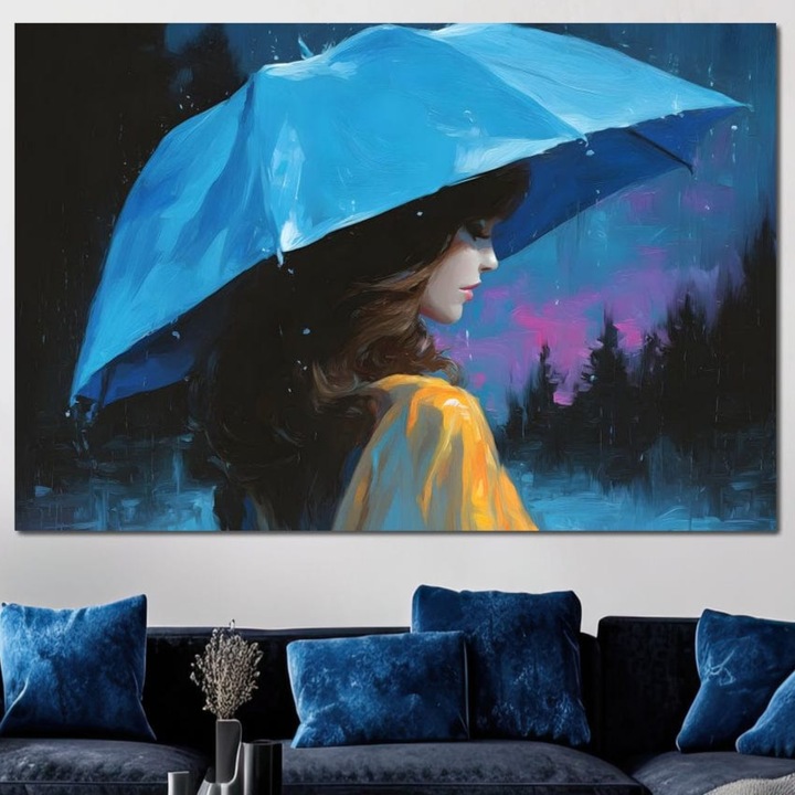 Tablou Canvas Premium, LuxCanva® G1223, Melodia Ploii, 100 X 150 CM, Panza Bumbac 100% 400g/m2, Sasiu, Lemn, Cer, Violet, Umbrela, Albastru, Oda, Singuratate, Lacrimi, Eleganta, Padure, Haina, Galben, Introspectie, Romantism, Salon, Birou, Living