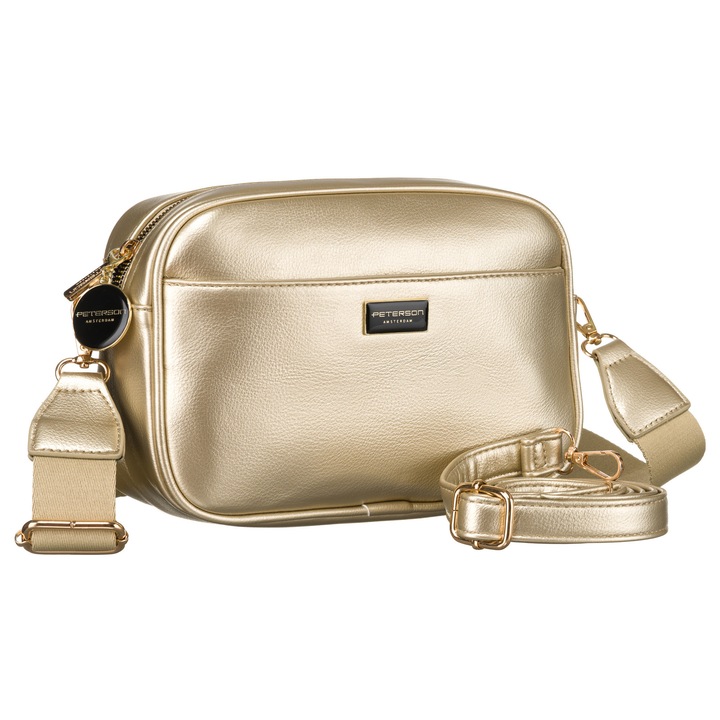 Geanta De Dama, Peterson, 25x16x9 cm, Material Piele Ecologica, Doua Curele Incluse, Un Compartiment Principal, Patru Buzunare, Interior Functional, Confort La Purtare, Executie De Inalta Calitate, Aurie
