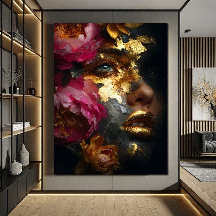 Картина LuxCanva G1221, Golden Persephone, 45 X 60 CM, 100% Памучно Платно 400g/m2, Рамка, Дърво, Златно, Фуксия, Цветя, Божественост, Аврора, Богиня, Трансформация, Сила, Женственост, Мистерия, Екзотика, Енигма, Страст, Салон, Офис, Дневна, Спалня