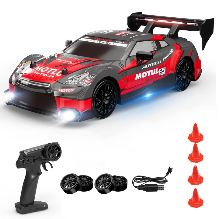 Masina cu telecomanda RC, ZGGZERG, scala 1:24, 2.4GHz Radio Controlled Car, 6-10ani, Cauciucuri interschimbabile, lumini LED, 2 baterii tip acumulator, ABS, 25*10*7cm, Rosu