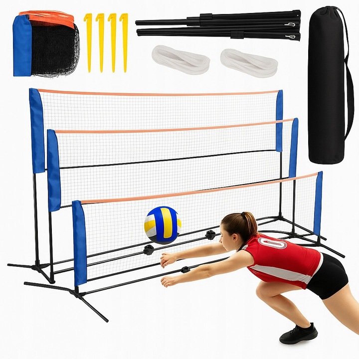 Set siatca sportiva 3 in 1, inaltime 225cm, latime 310cm, pentru volei, badminton si tenis de camp