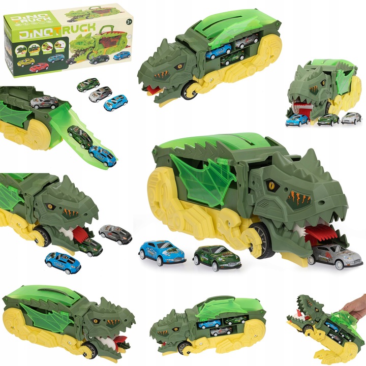 Camion dinozaur Triceratops 3 in 1, set cu 3 masinute, verde, 35x16cm