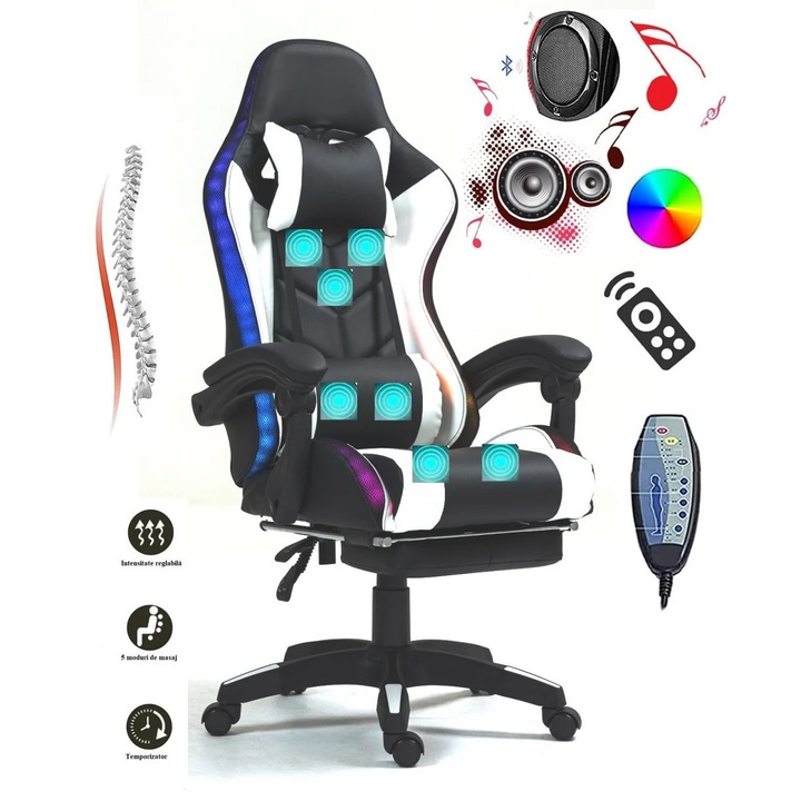 Scaun Gaming TOPSCAUNE®, Masaj 5 Puncte Vibratii, Iluminare LED RGB Reglabila, Boxe Bluetooth Stereo 3D, Spatar Ergonomic, Perne Lombar si Cervical Detasabile, Cotiere Buretate, Suport Picioare Extensibil, Inaltime Reglabila 45-55 cm, Negru/Alb