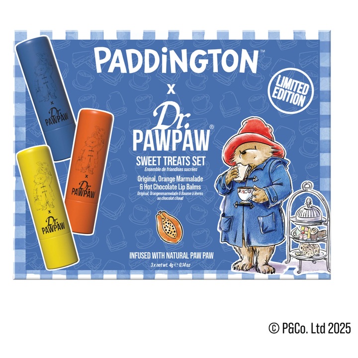 Set 3 balsamuri de buze Paddington™ Paddington Sweet Treats, aroma Orange Marmalade + Original Balm + Hot Chocolate, Dr.PAWPAW, 3 x 4 g
