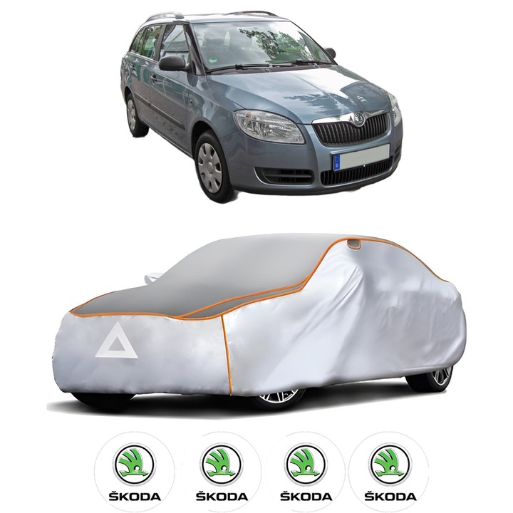 Husa Prelata Antigrindina Auto SKODA FABIA II Combi (545) din 2007-2014, Protectie auto contra intemperiilor la grindina, Waterproof, 4x Stickere auto SKODA