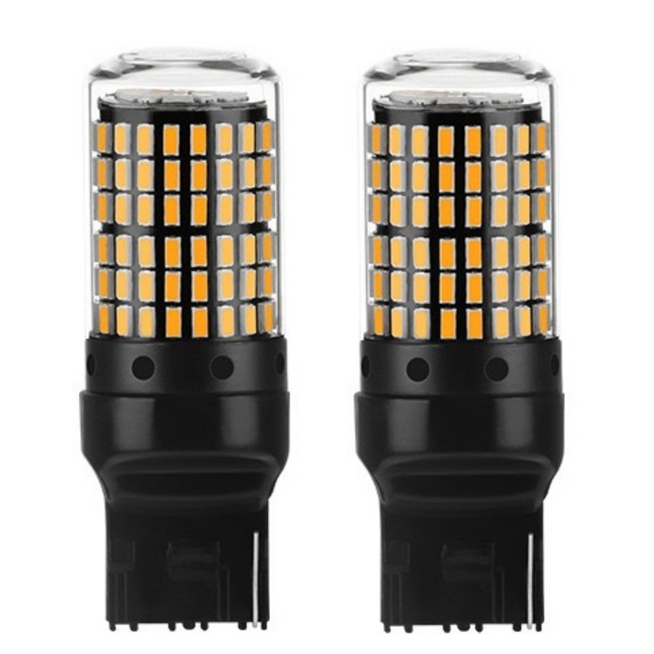 Комплект 2 LED крушки за кола AjieQaQ T20, оранжево-жълти, 144 LED диода, лесен монтаж