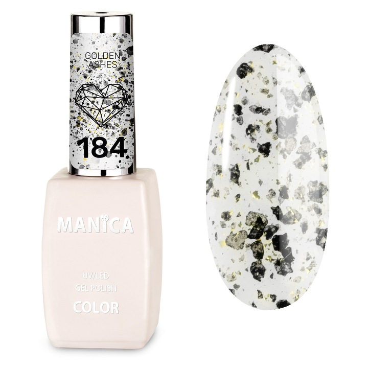 Oja hibrida Manica Golden Ashes 184, 10ml, transparenta cu particule aurii si negre
