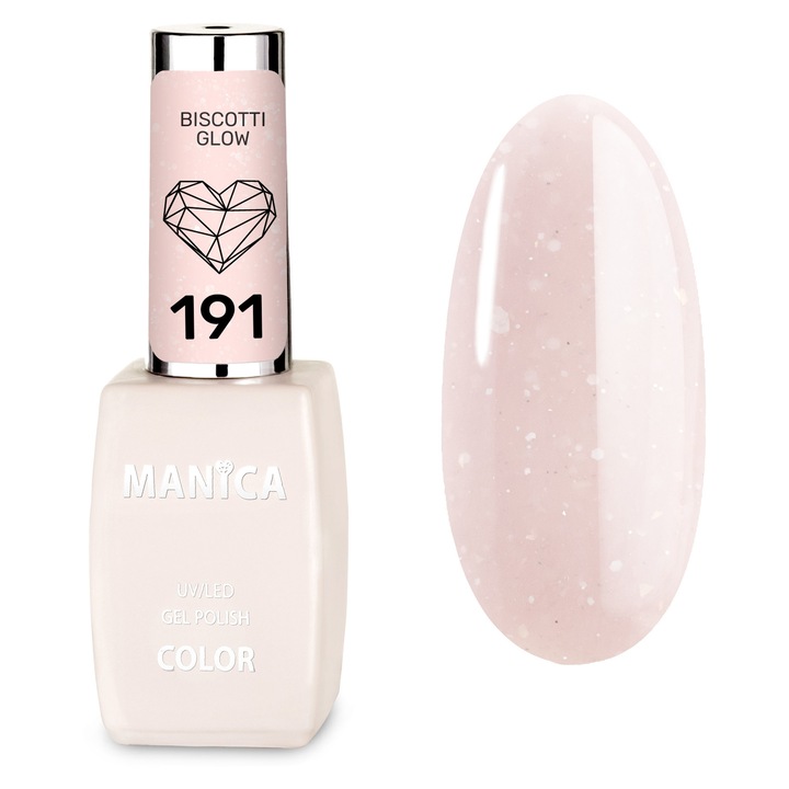 Oja hibrida Manica 10ml - Biscotti Glow, bej cald cu sclipici alb, aplicare usoara
