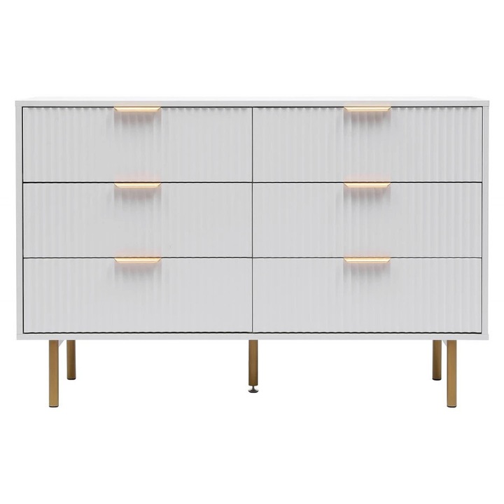 Comoda Moderna MOBATELIER®, 6 Sertare Spatioase, MDF Rezistent Finisaj Alb Elegant, Picioare Metalice Stabile, Design Contemporan Functional, Depozitare Practica Pentru Dormitor, Living Sau Hol, Comoda Premium Cu Sertare Mari, 120x40x78.5 cm, Alb