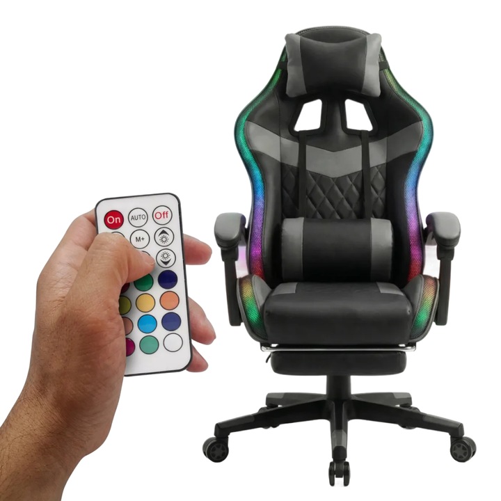 Scaun Gaming Premium TOP SCAUNE®, Sistem Iluminare LED RGB Banda, Telecomanda Control Lumina, Masaj In Perna Lombara Cu Cablu USB, Suport Picioare Retractabil, Tapiterie PU Rezistenta, Spatar Ergonomic, Perne Reglabile, Recliner 90-135°, Negru/Gri