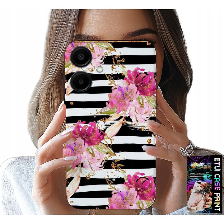 Husă pentru telefon, World Case, model floral cu dungi albe și negre, silicon, pentru Samsung Galaxy A06 5G