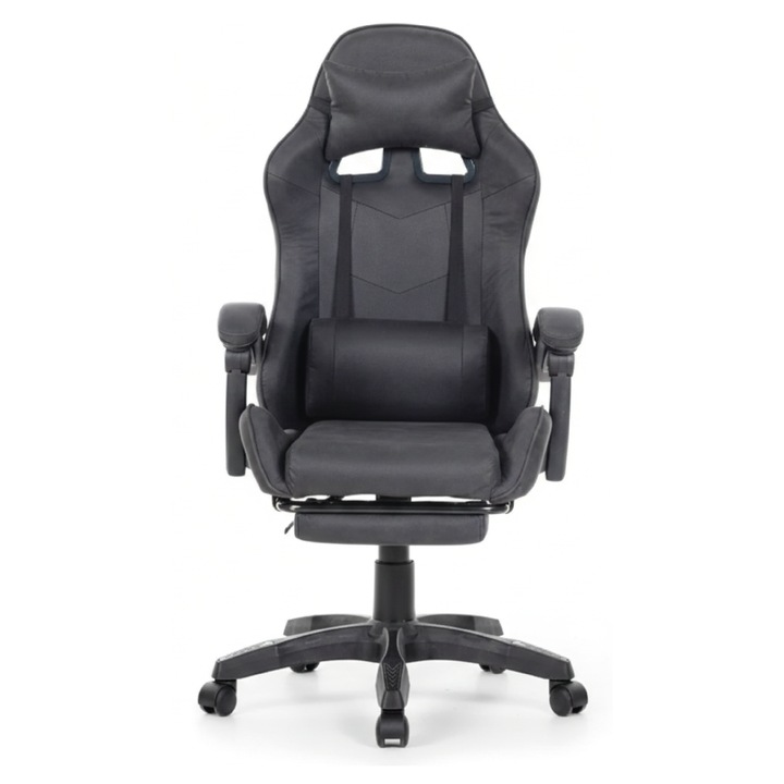 Scaun Gaming TOPSCAUNE®, Scaun Gaming Cu Masaj Lombar Vibrator, Suport Picioare Reglabil, Spatar Ergonomic Recliner 90-135°, Perne Lombara Si Cervicala Detasabile, Material Textil Confortabil, Cotiere Buretate, Inaltime Reglabila, Rotire 360°, Negru