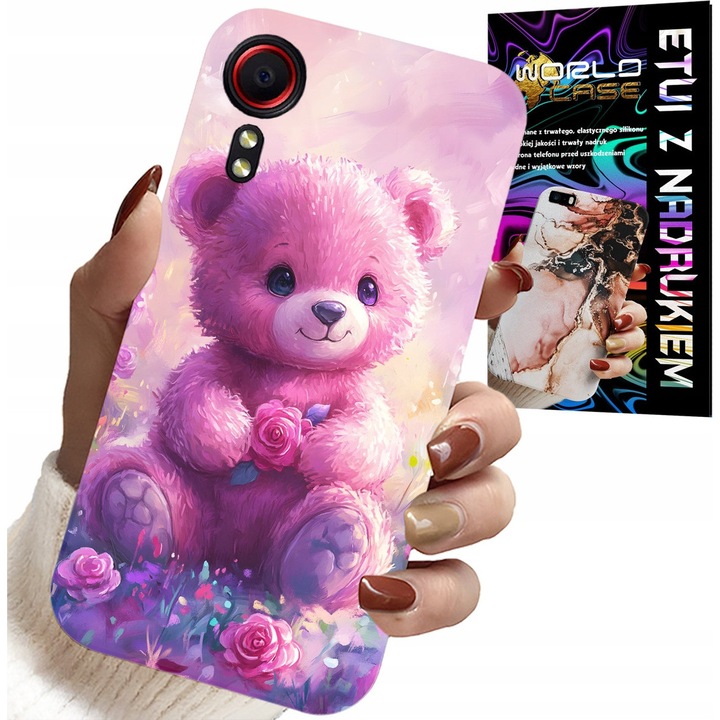 Carcasa telefon Samsung Galaxy XCover 7, World Case, ursulet dulce pe fundal roz, silicon, cu sticlă