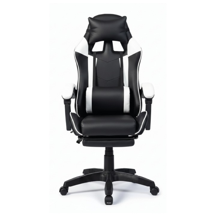 Scaun Gaming TOPSCAUNE®, Scaun Gaming Cu Masaj Lombar Vibrator, Suport Picioare Reglabil, Spatar Ergonomic Recliner 90-135°, Perne Lombara Si Cervicala Detasabile, Piele PU Confortabila, Cotiere Buretate, Inaltime Reglabila, Rotire 360°, Negru/Alb