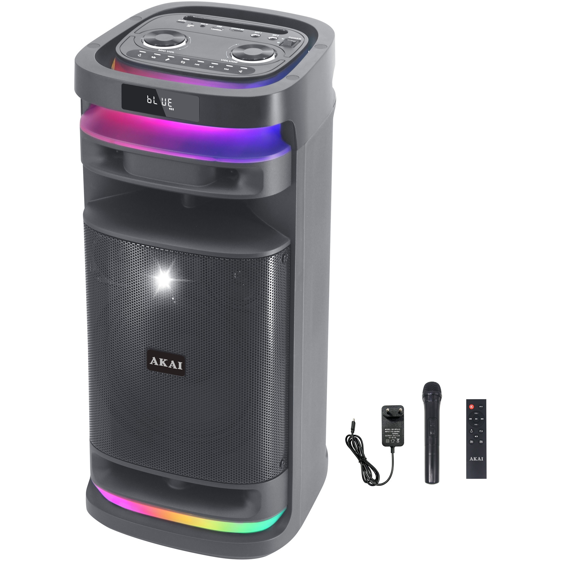 Boxa activa portabila Akai SONIC X8, 50W, Bluetooth, FM, TWS, Microfon wireless, Display LED, Negru